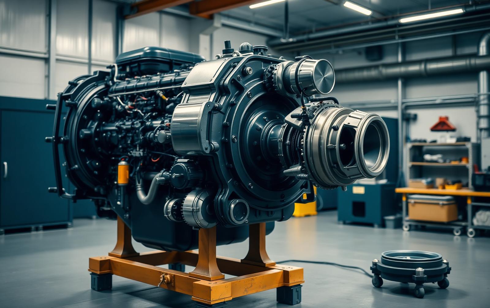 Heavy-duty diesel truck engine and turbocharger assembly in an industrial workshop