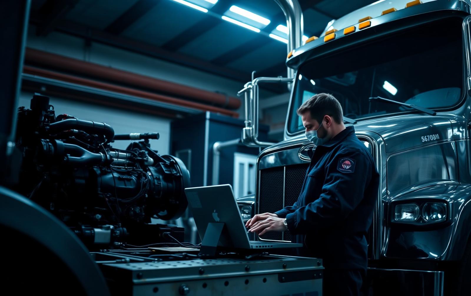 Technician running diagnostics on a heavy-duty truck engine in a service bay