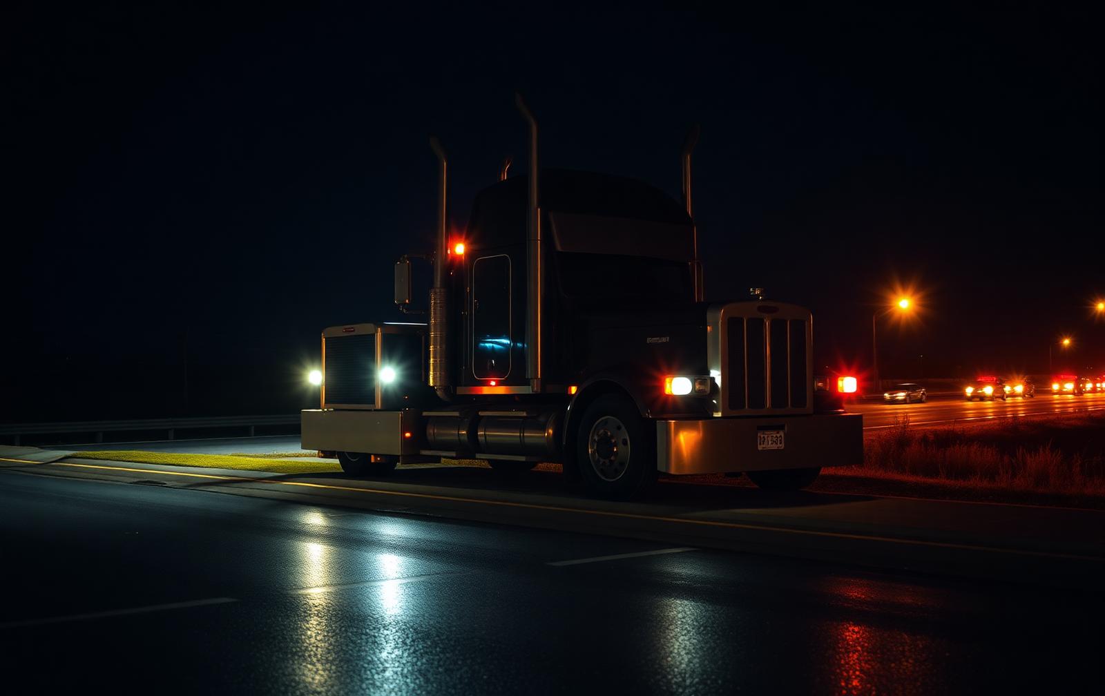 Heavy-duty truck stopped on a highway shoulder at night with hazard lights on
