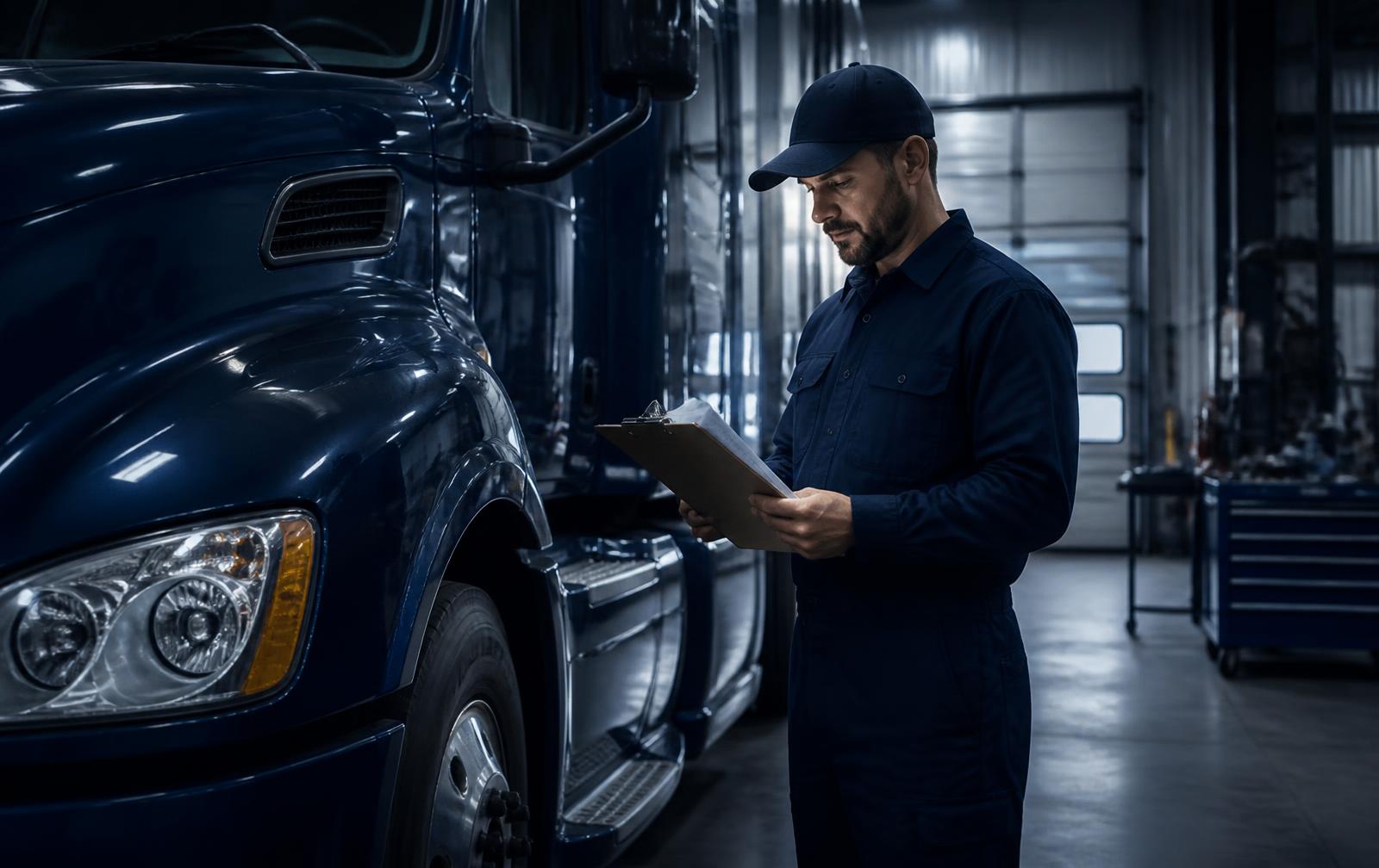 Technician reviewing heavy-duty truck maintenance records in a service shop