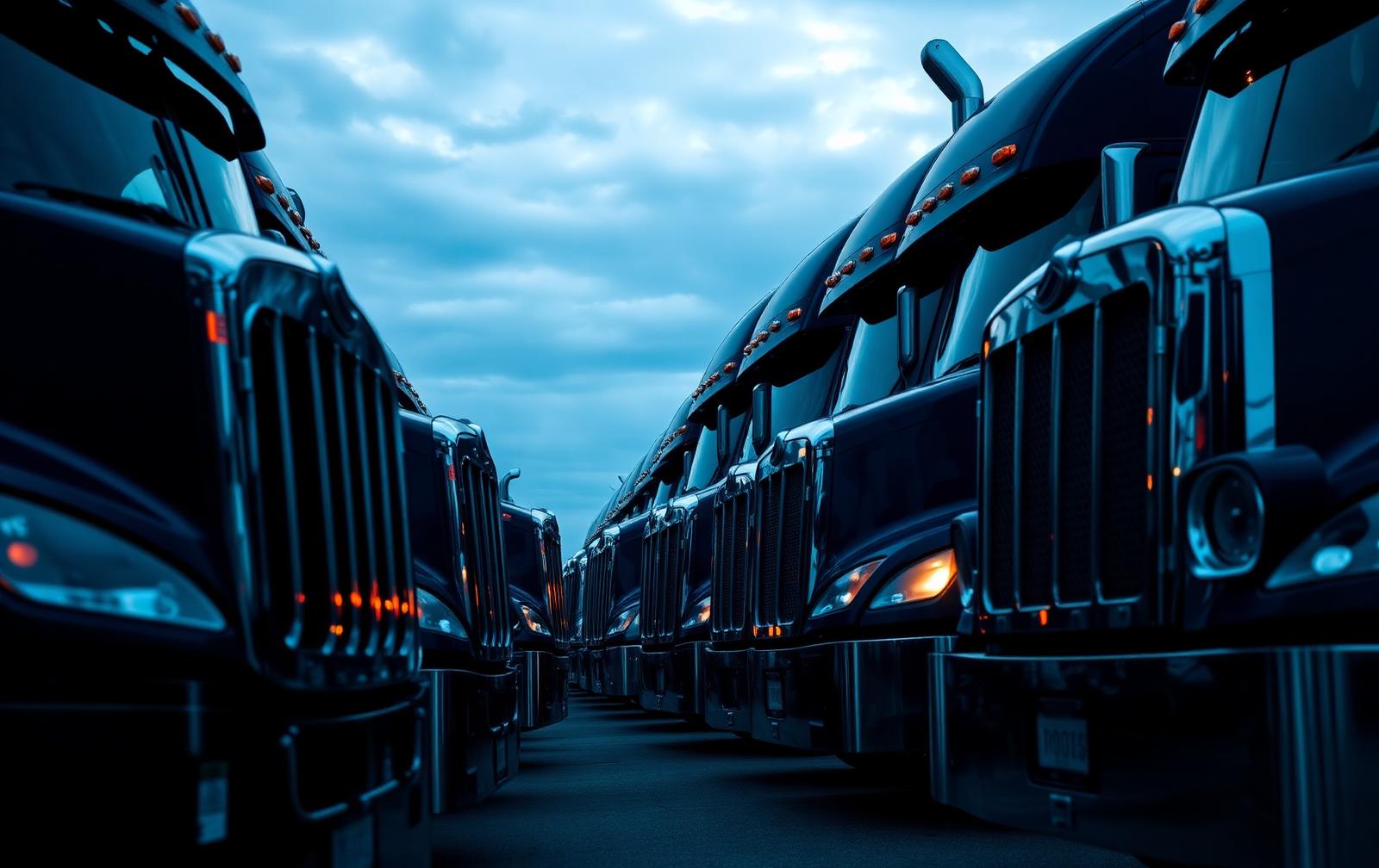 Row of Class 8 heavy-duty trucks lined up on a commercial dealership lot at dusk