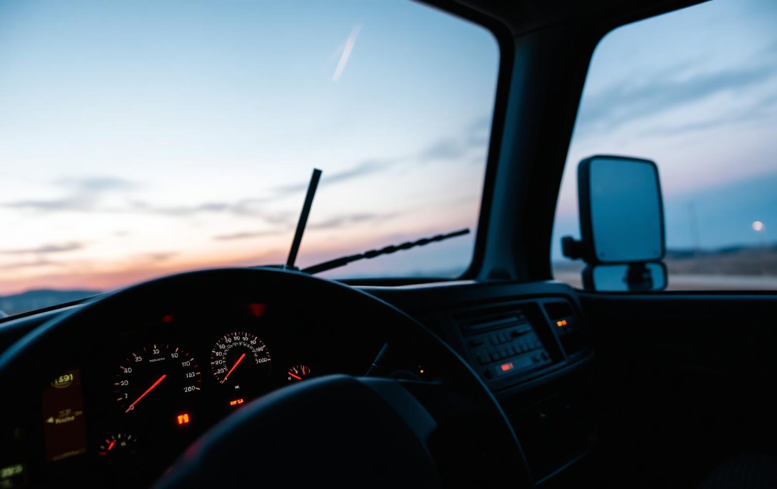 Interior of a modern Class 8 heavy-duty truck cab at dusk