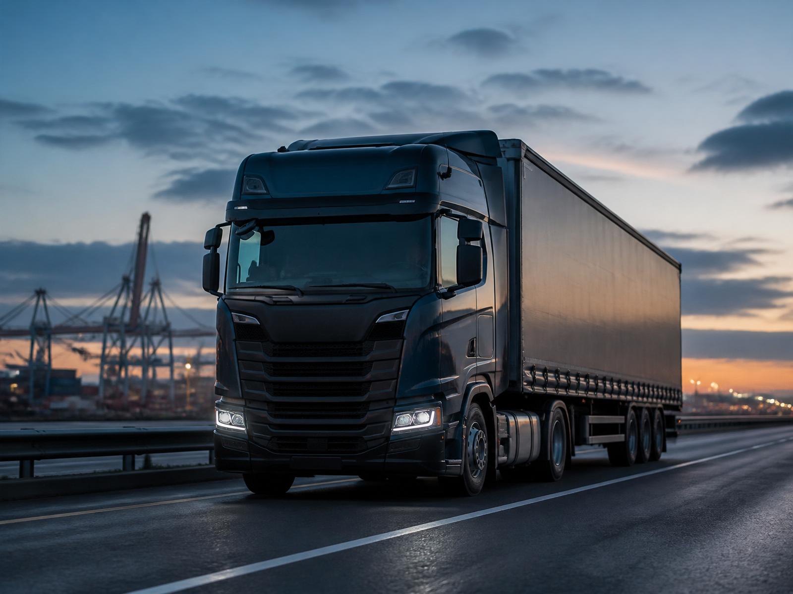 Modern heavy-duty truck on an industrial route at dusk