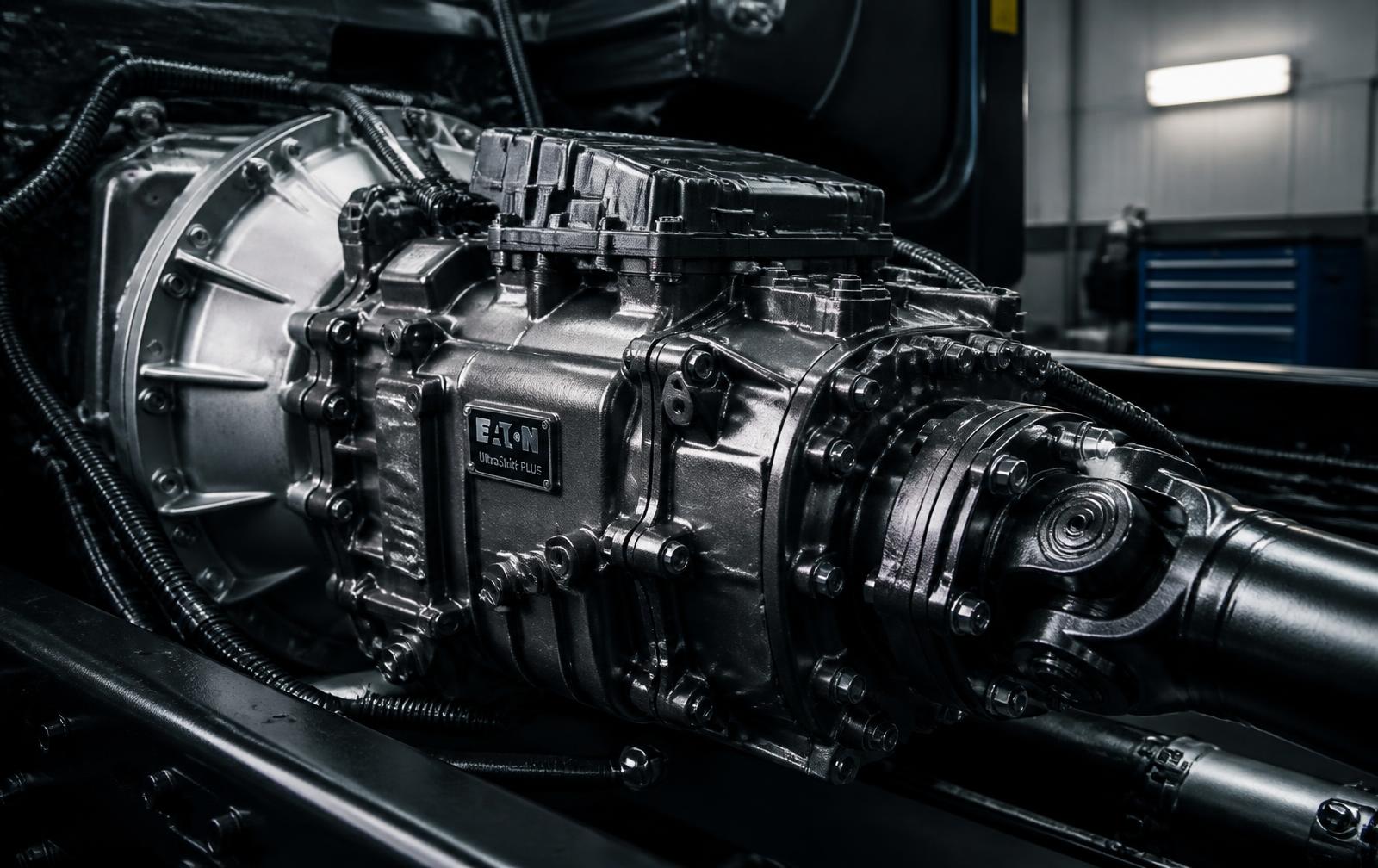 Heavy-duty commercial truck engine components in a service bay